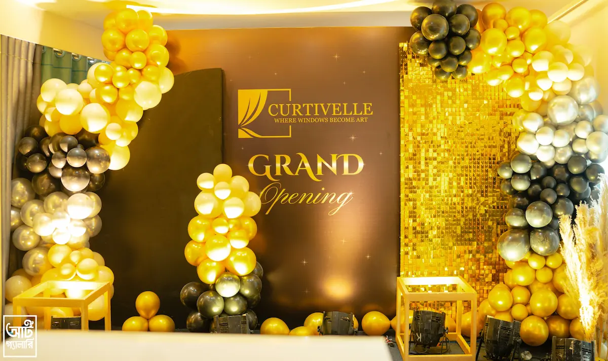 Curtivelle grand opening event backdrop at premium curtain showroom in Dhaka
