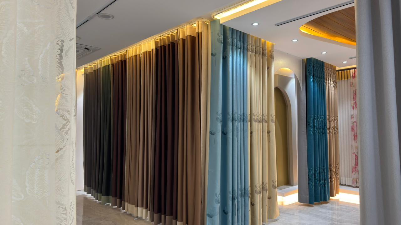 Luxury curtain showroom interior with arched decor and fabric displays