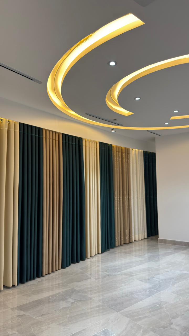 Luxury curtain showroom interior with arched decor and fabric displays