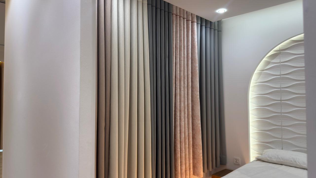 Luxury curtain showroom interior with arched decor and fabric displays