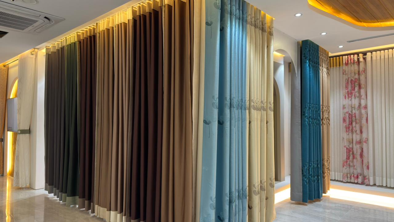 Luxury curtain showroom interior with arched decor and fabric displays