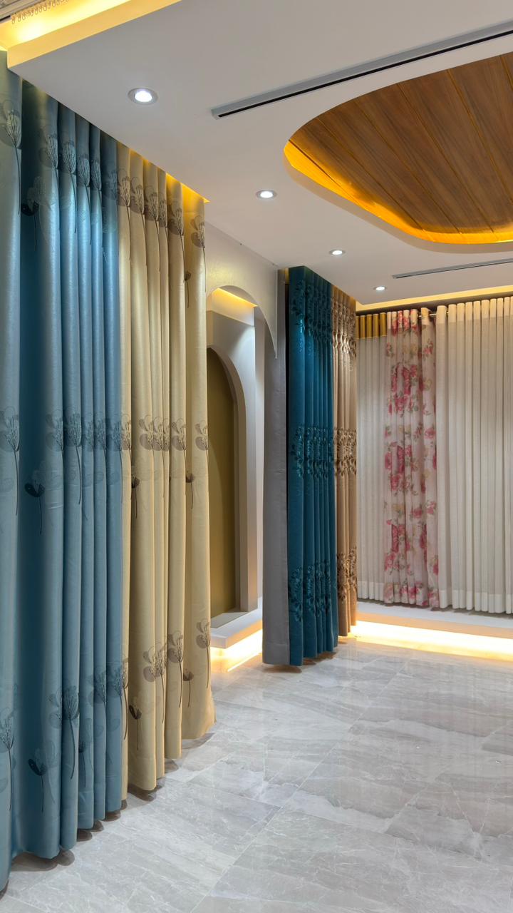 Luxury curtain showroom interior with arched decor and fabric displays
